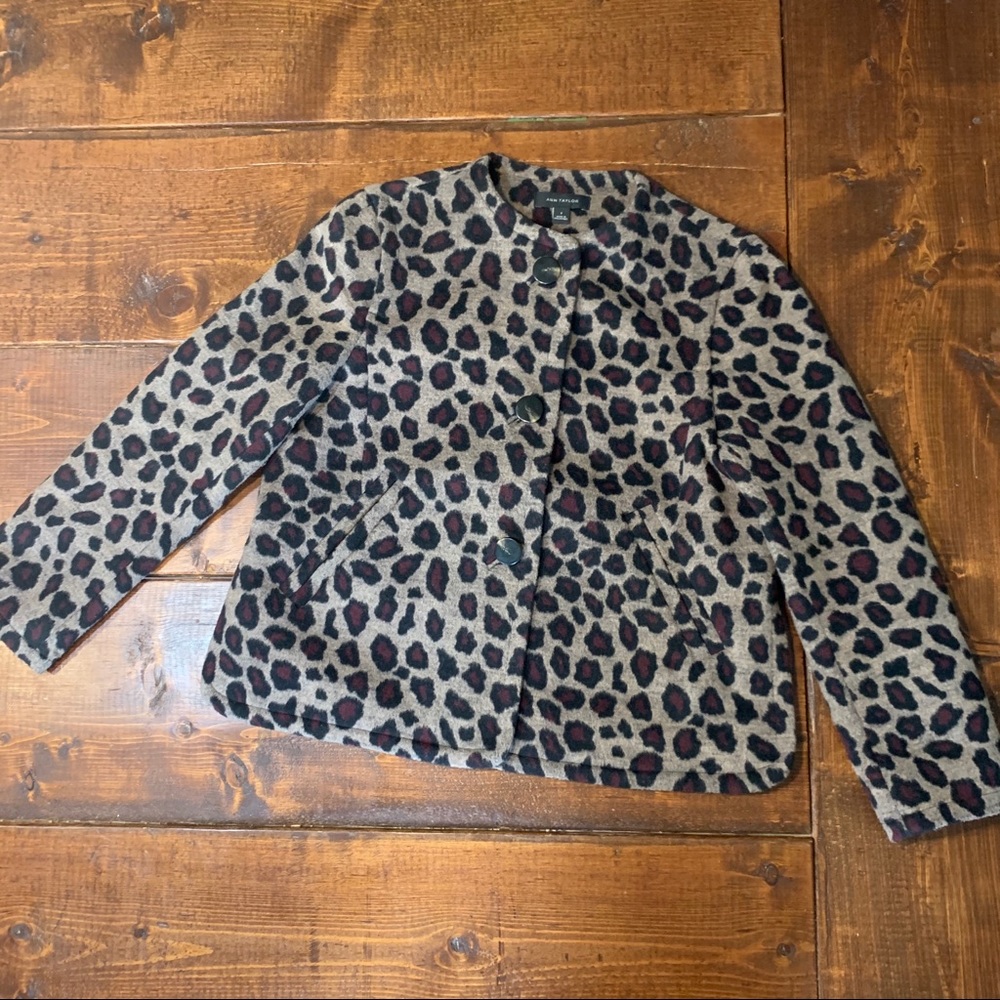 Ann Taylor Wool Leopard Print Coat small button front brown tan black